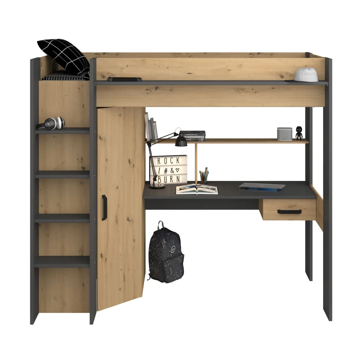 Lit mezzanine avec armoire et bureau