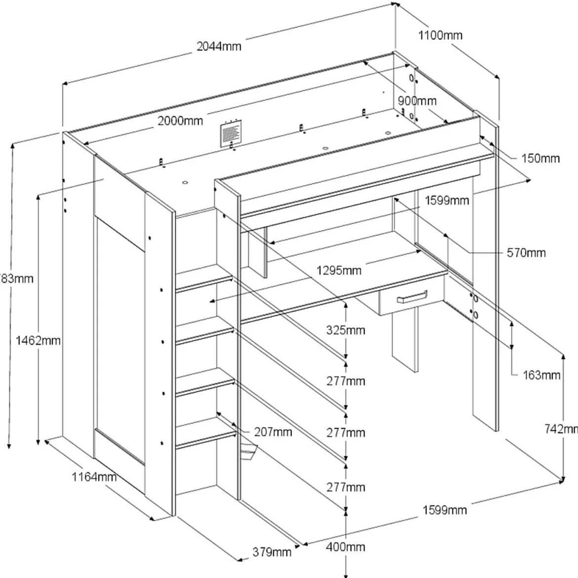 Lit mezzanine avec armoire et bureau