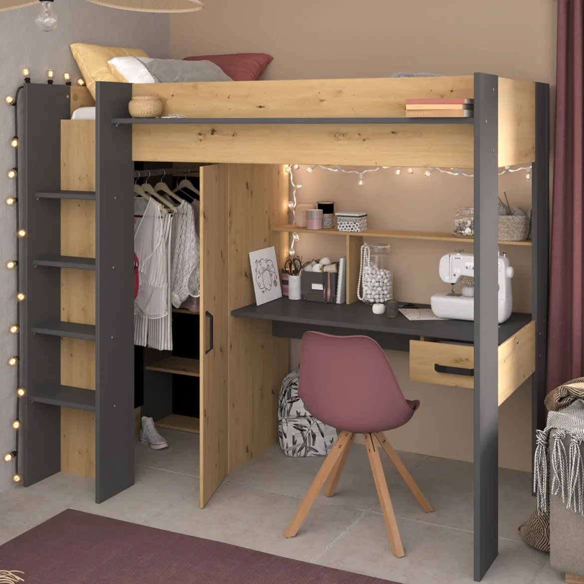 Lit mezzanine avec armoire et bureau
