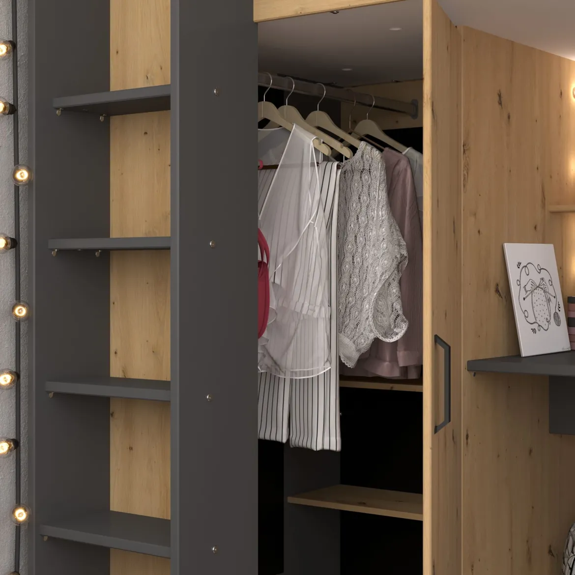 Lit mezzanine avec armoire et bureau