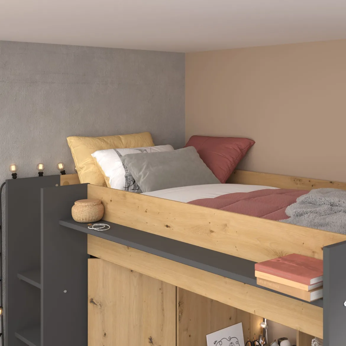 Lit mezzanine avec armoire et bureau