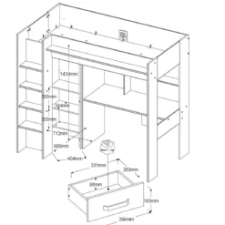 Lit mezzanine avec armoire et bureau