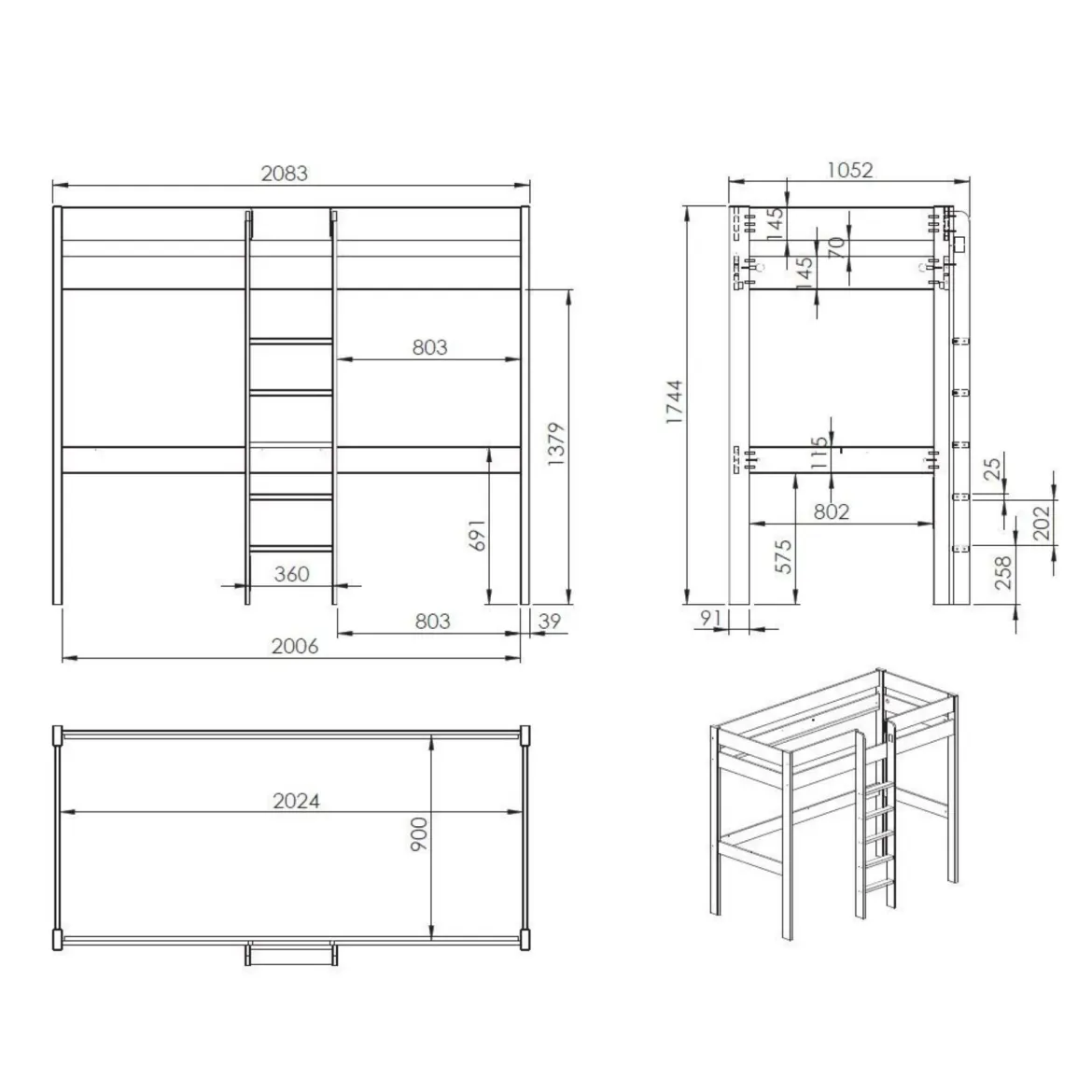 Lit Mezzanine Blanc 90x200 avec échelle centrale - Terre de Nuit