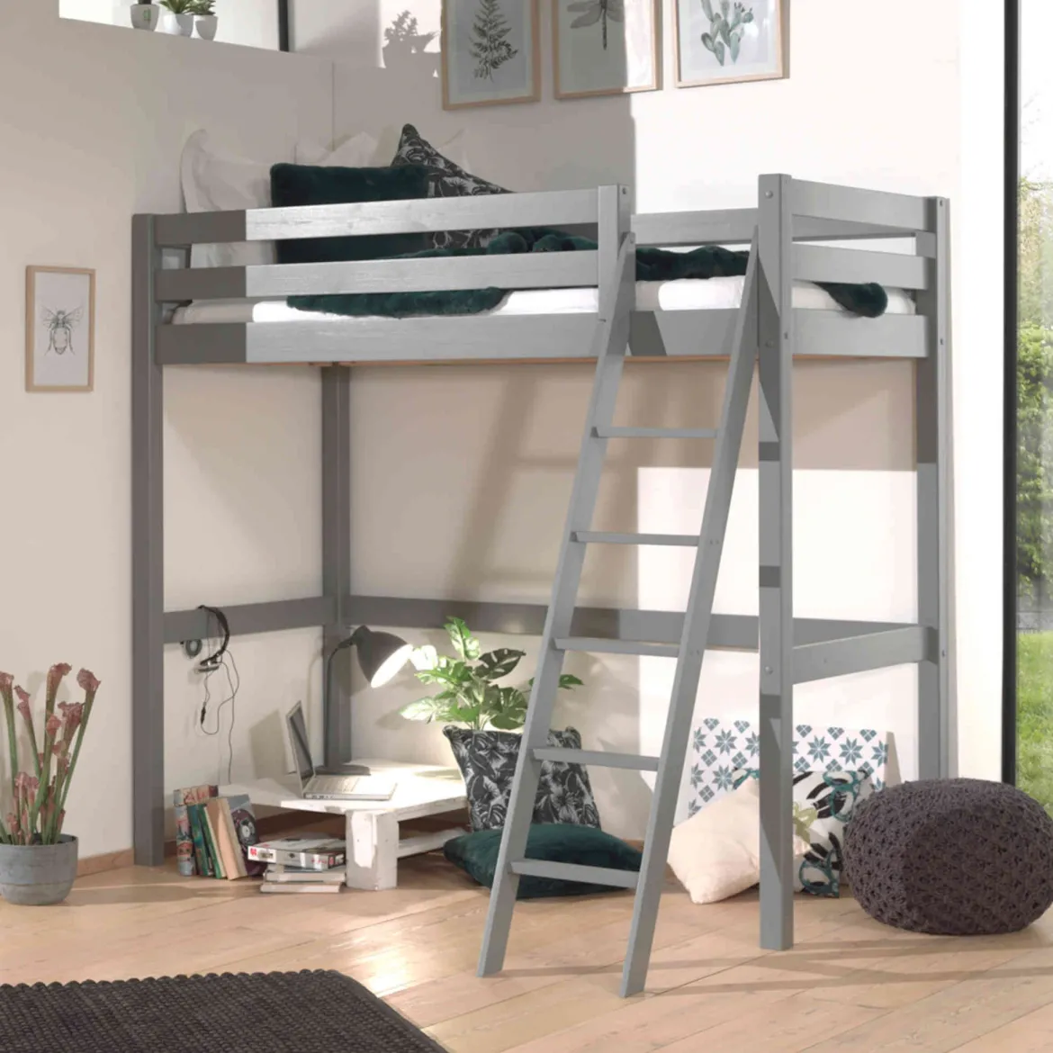 Lit mezzanine enfant en bois massif gris - LT2044