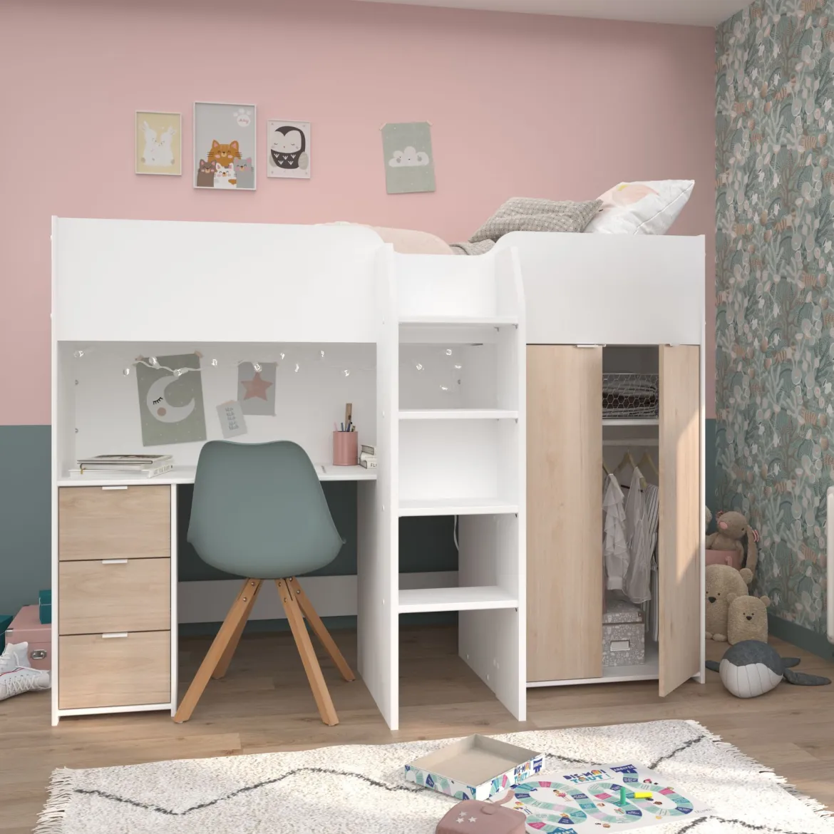 Lit mezzanine enfant 90x200 bois avec bureau et rangements Terre de Nuit