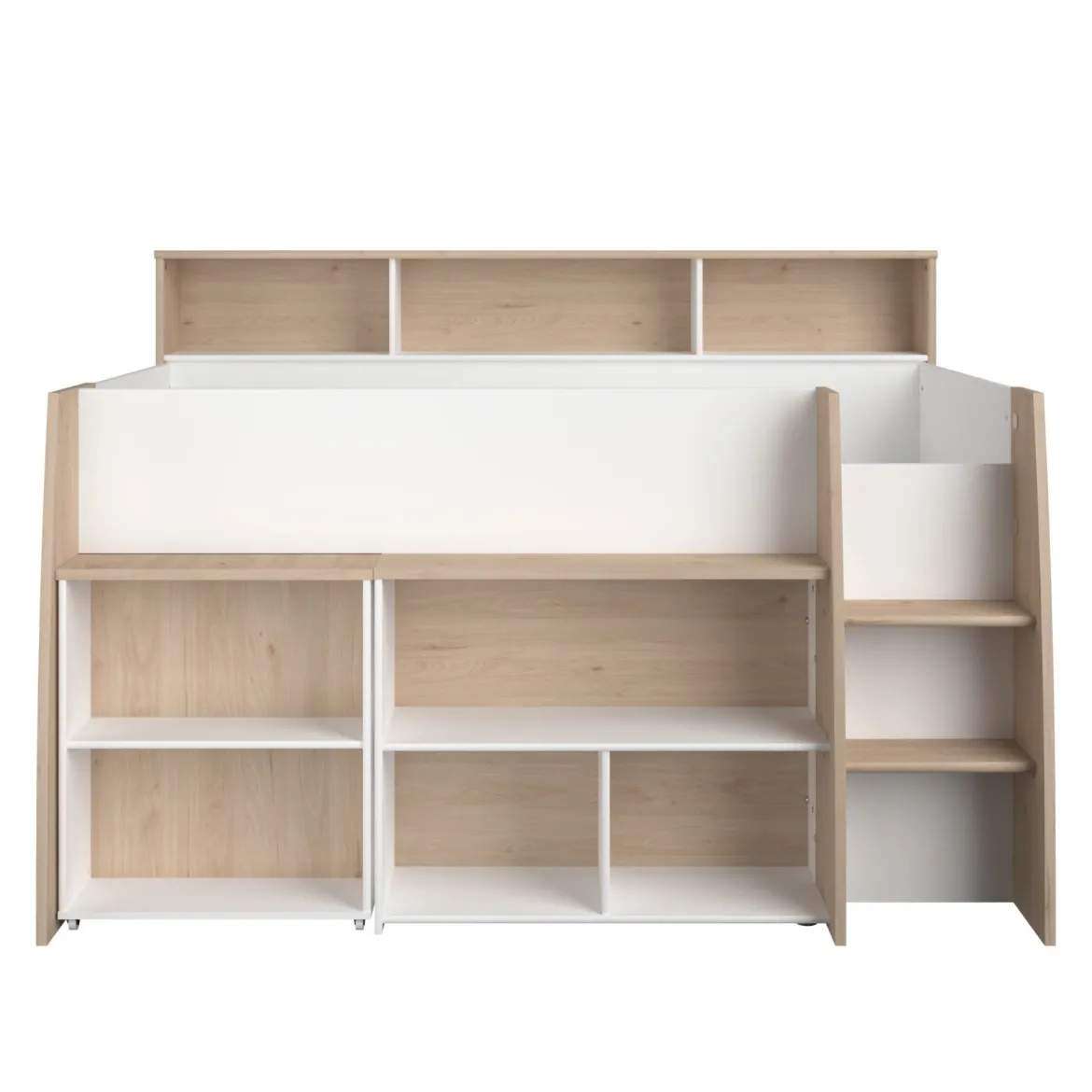 Lit mezzanine enfant 90x200 bois avec bureau escamotable et rangements - Terre de Nuit