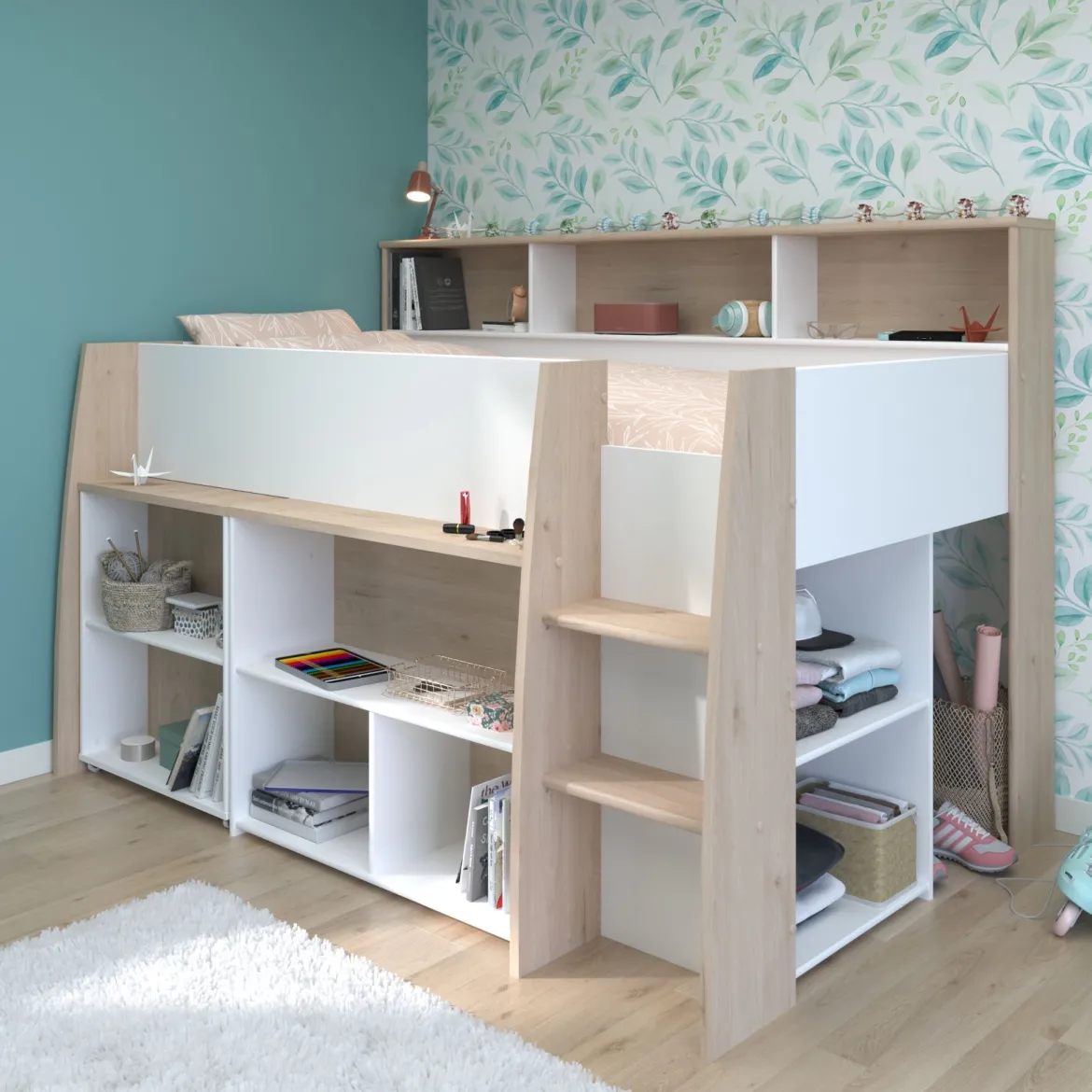 Lit mezzanine enfant 90x200 bois avec bureau escamotable et rangements - Terre de Nuit