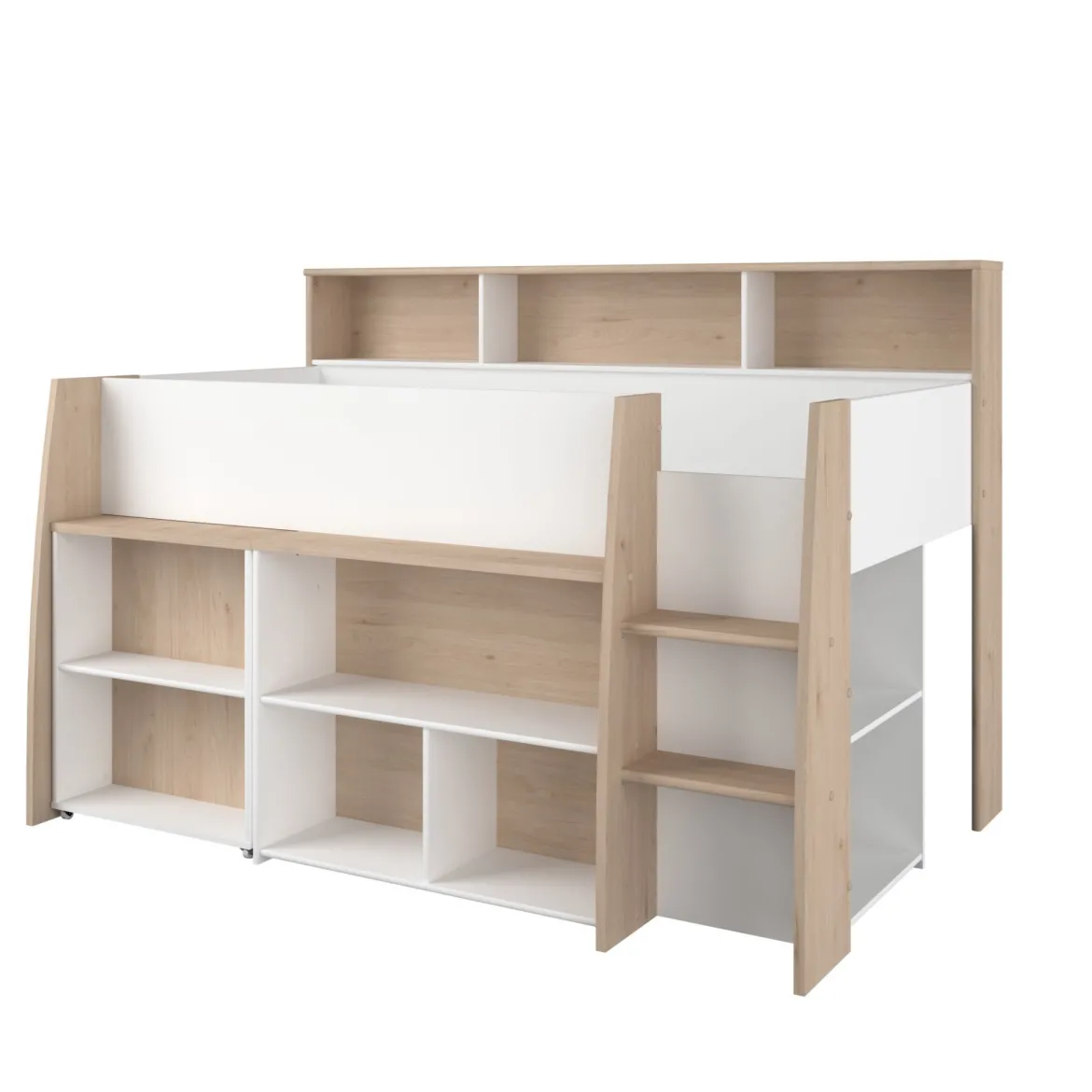 Lit mezzanine enfant 90x200 bois avec bureau escamotable et rangements - Terre de Nuit