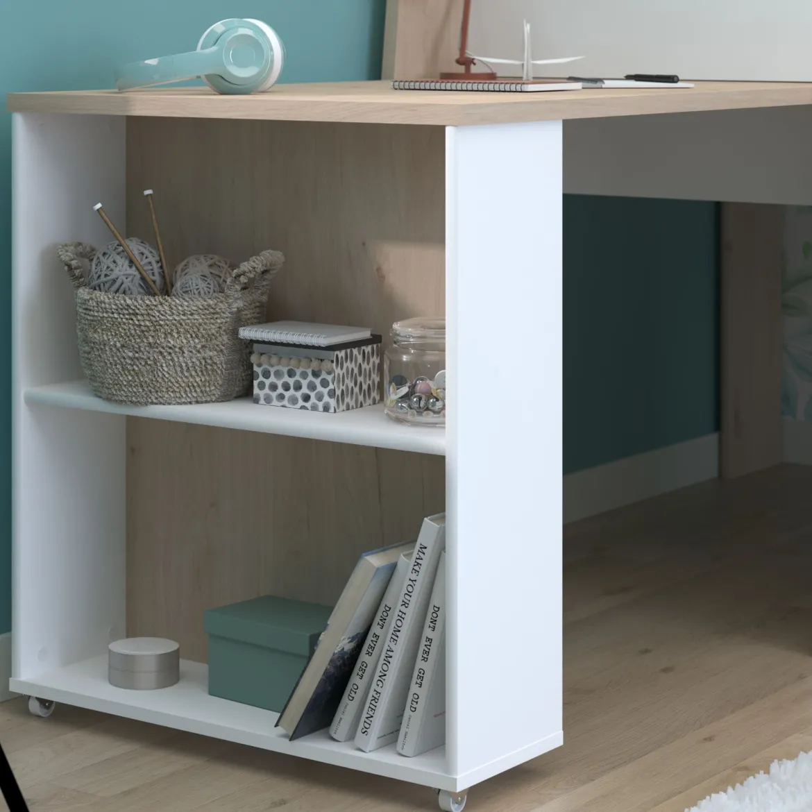 Lit mezzanine enfant 90x200 bois avec bureau escamotable et rangements - Terre de Nuit