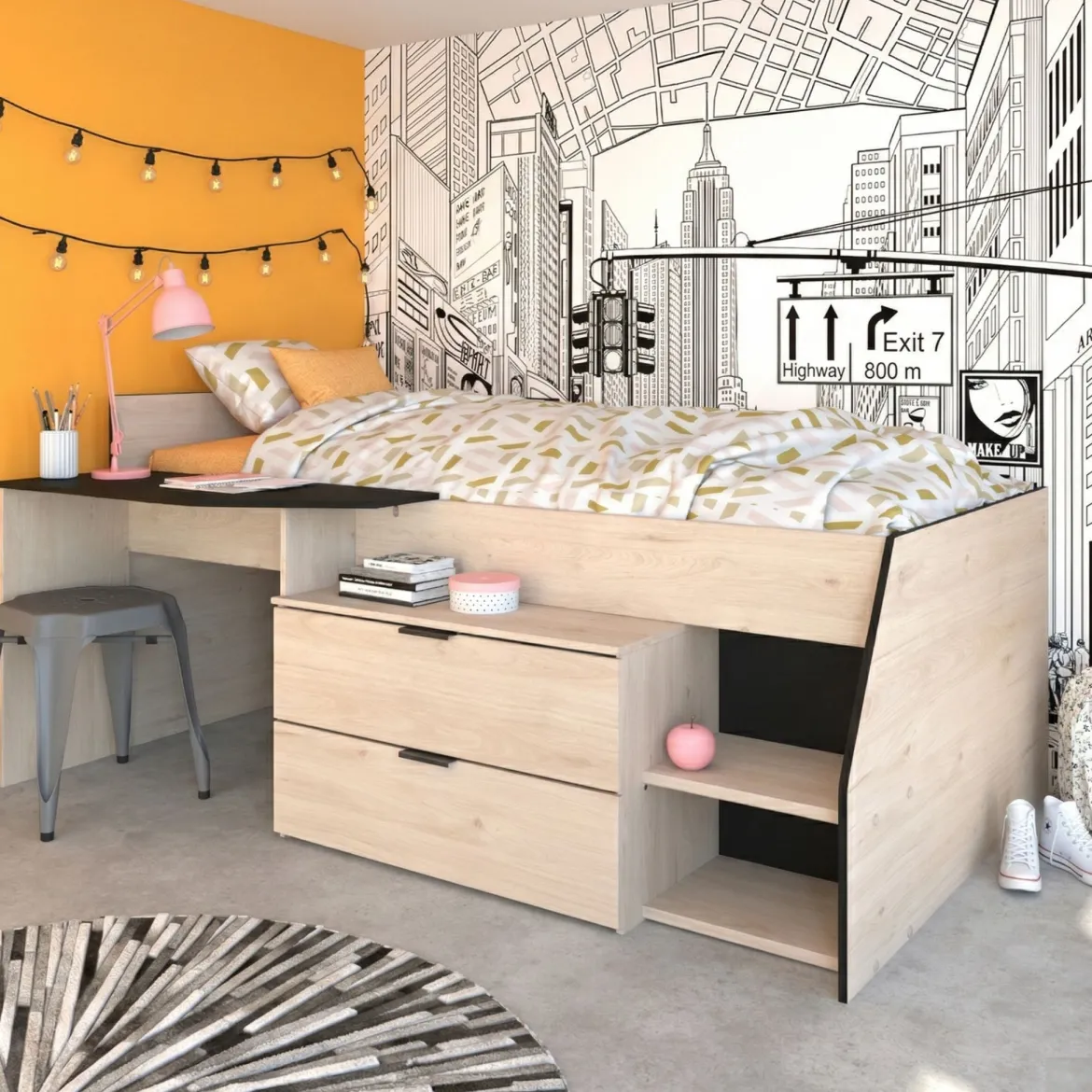 Lit mi-hauteur enfant 90x190/200 bois avec bureau et rangements chêne et noir - Terre de Nuit