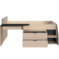 Lit mi-hauteur enfant 90x190/200 bois avec bureau et rangements chêne et noir - Terre de Nuit