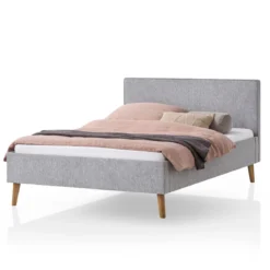 Lit revêtement tissu et pieds en bois massif gris - LT8008