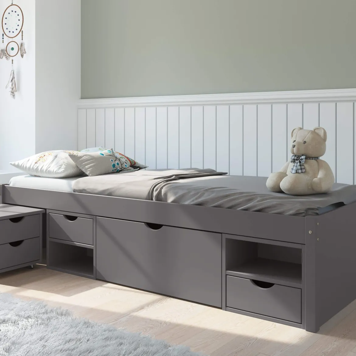 Lit tiroir enfant en bois massif avec chevets intégrés 90x200 - LT12013