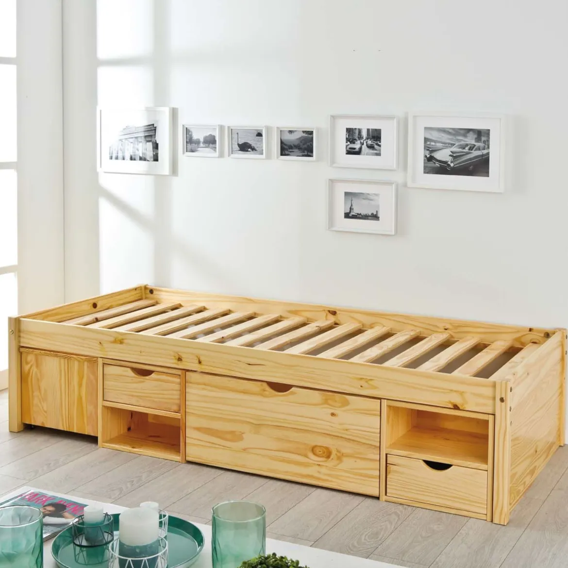 Lit tiroir enfant en bois massif avec chevets intégrés 90x200 - LT12013