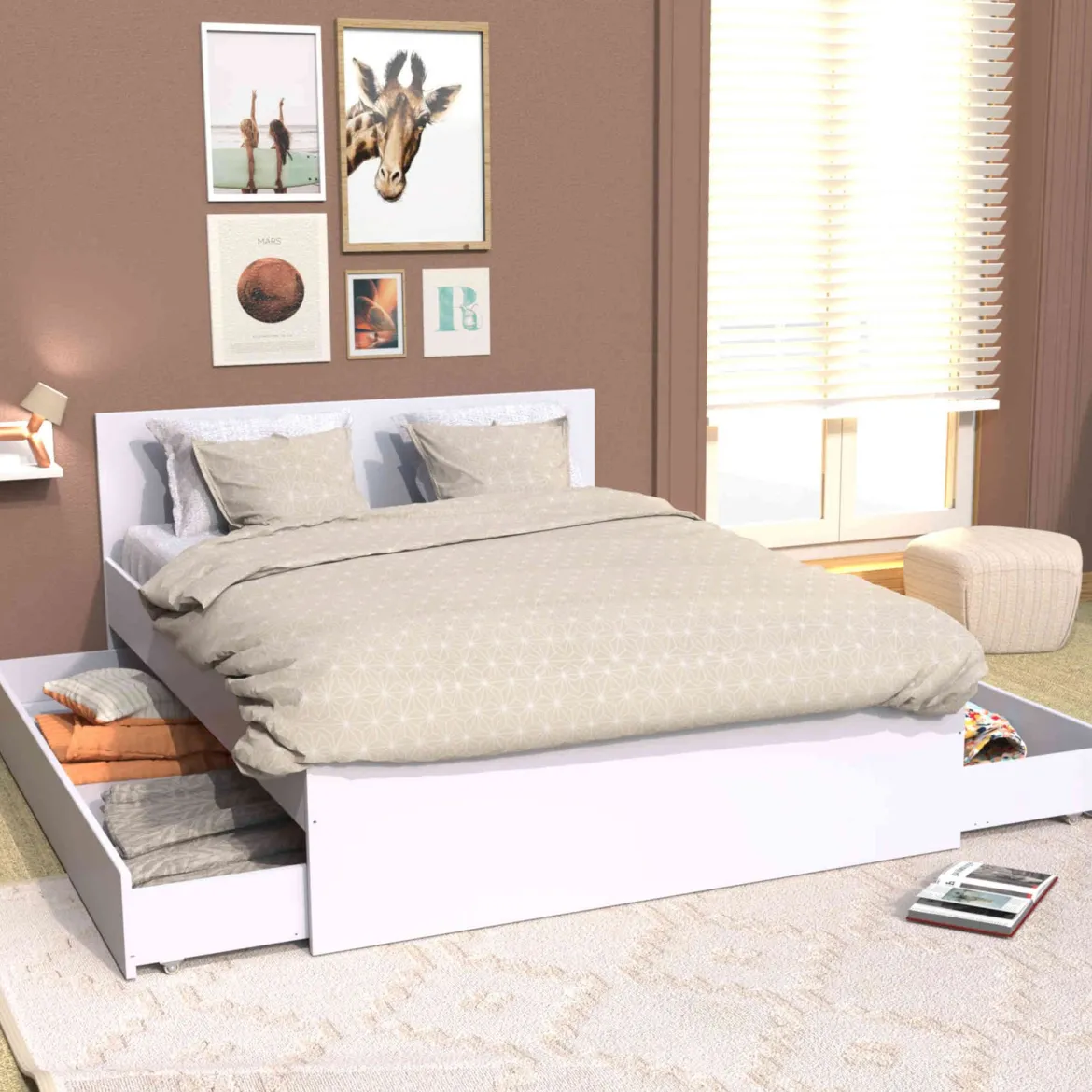 Lit tiroirs en bois blanc - LT14013