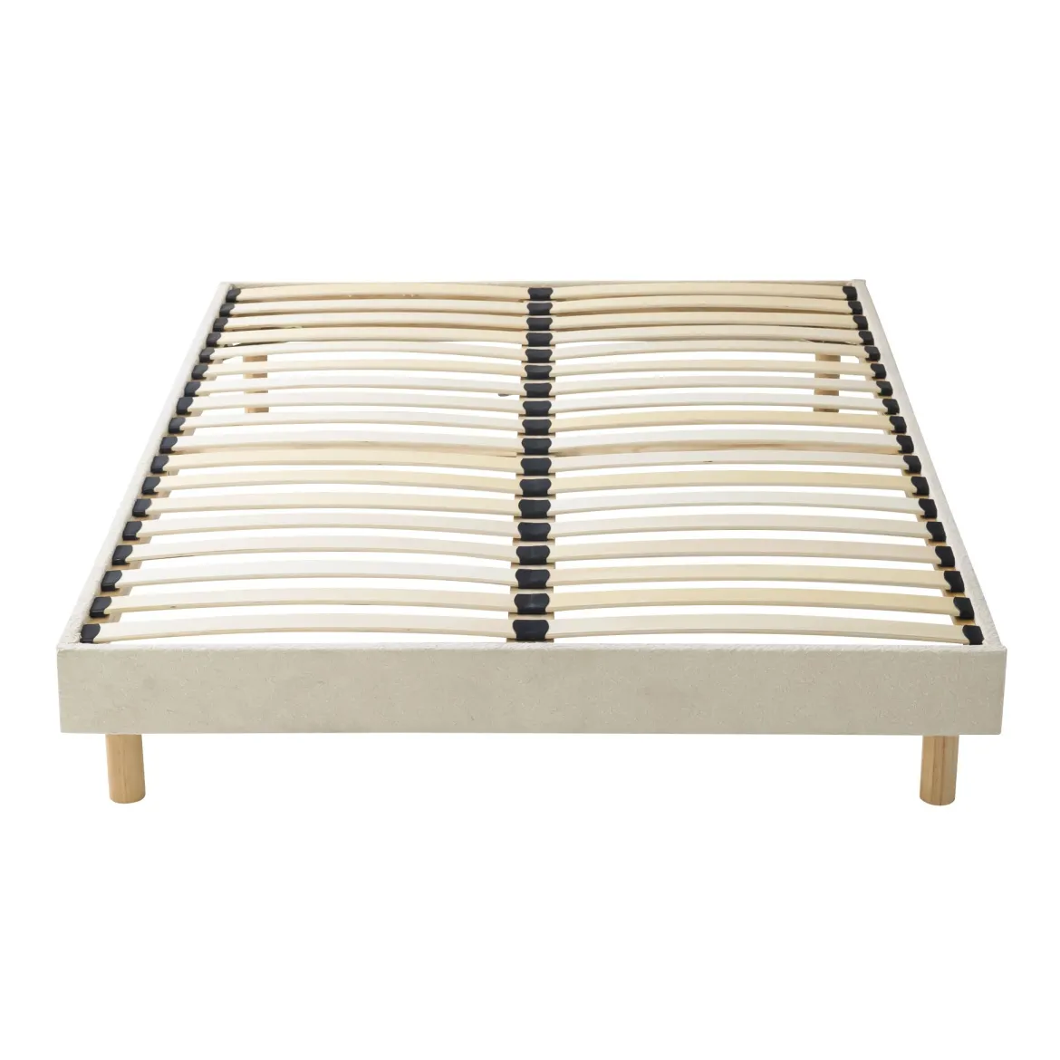 Lit tissu beige avec tête de lit bouclette