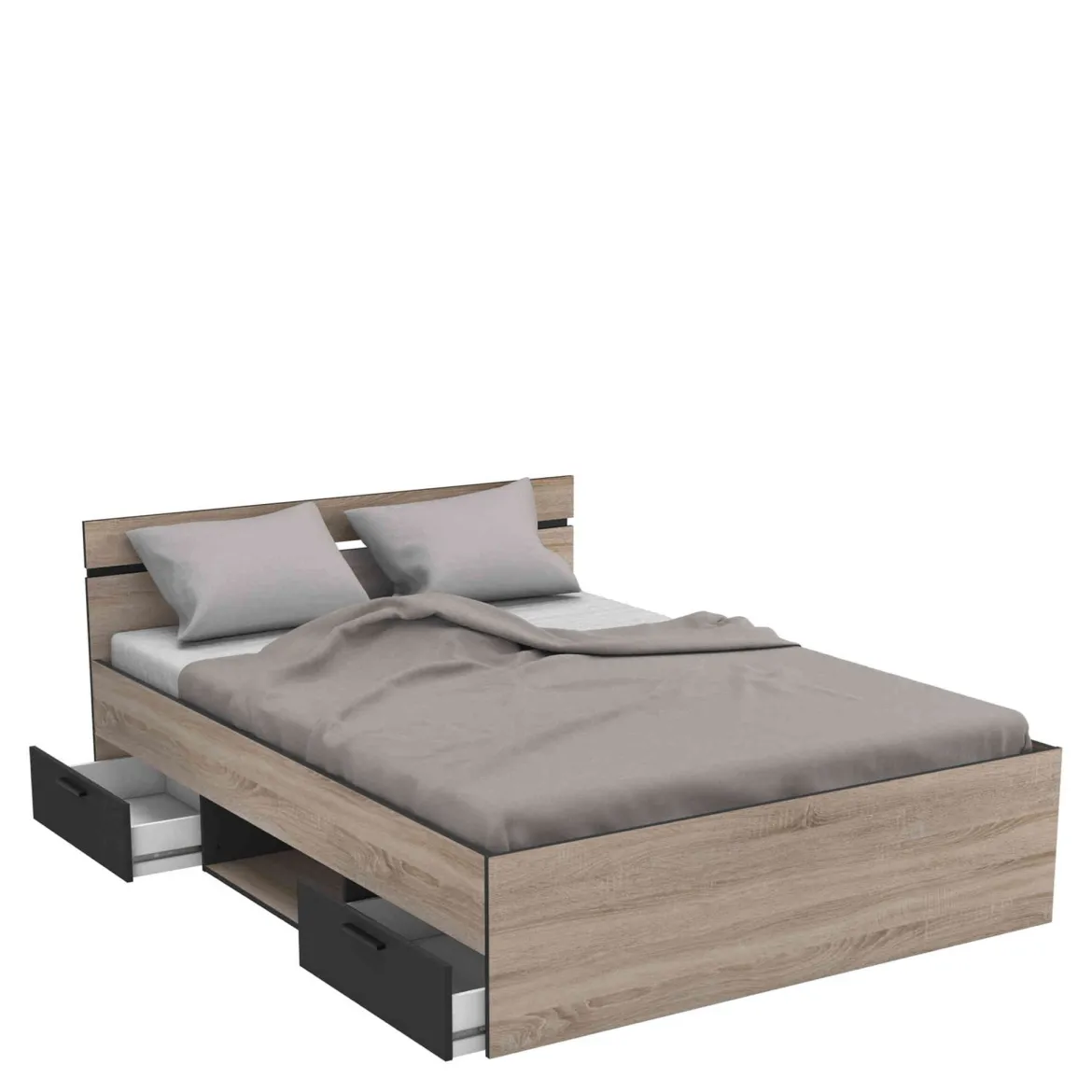 Lit 140x190 en bois chêne brossé et noir - LI171