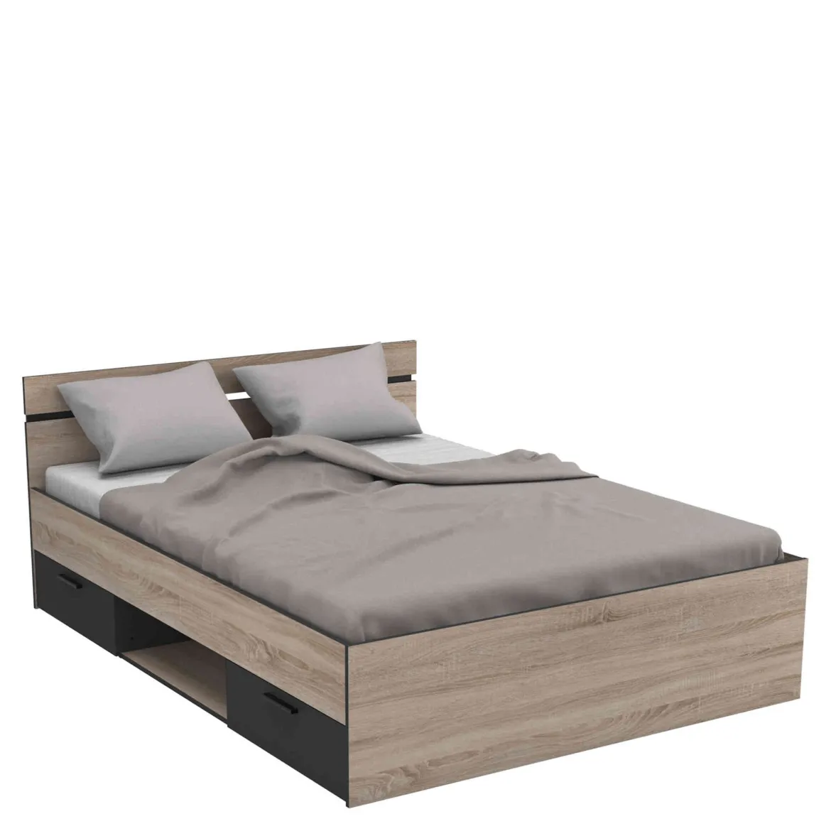 Lit 140x190 en bois chêne brossé et noir - LI171