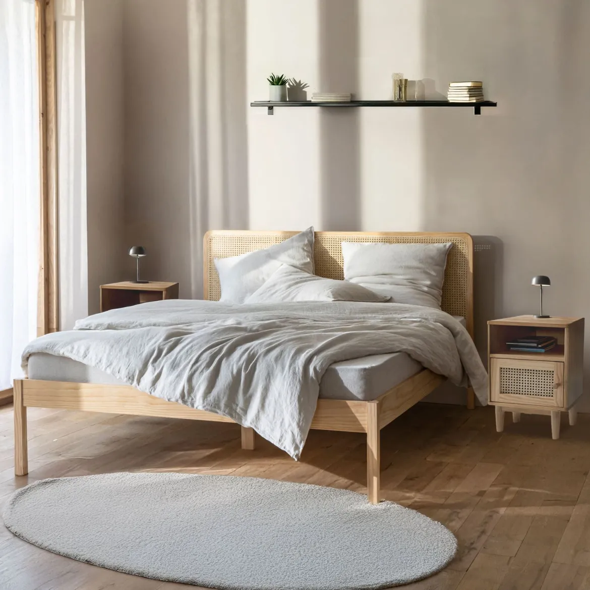 Lot de deux tables de chevet cannage en pin massif ANNA