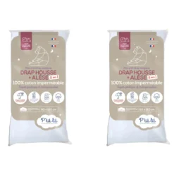 Lot de 2 draps housses bébé + alèses 2 en 1 coton imperméable blanc