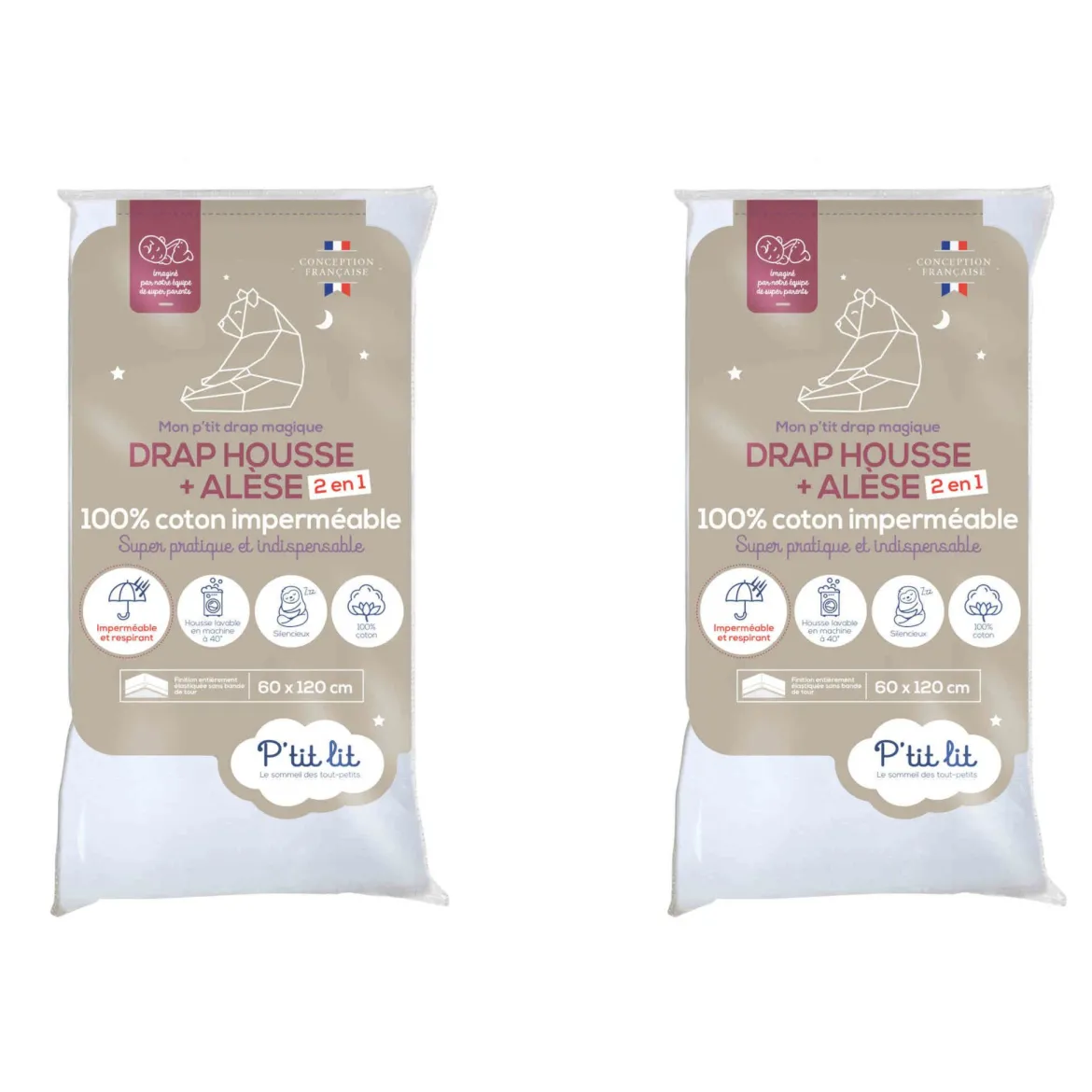Lot de 2 draps housses bébé + alèses 2 en 1 coton imperméable blanc