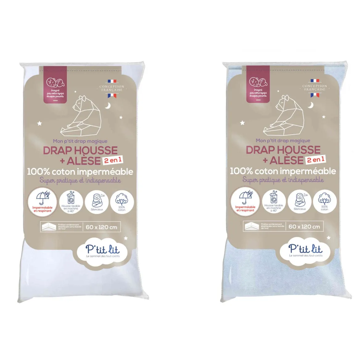 Lot de 2 draps housses bébé + alèses 2 en 1 coton imperméable blanc et gris