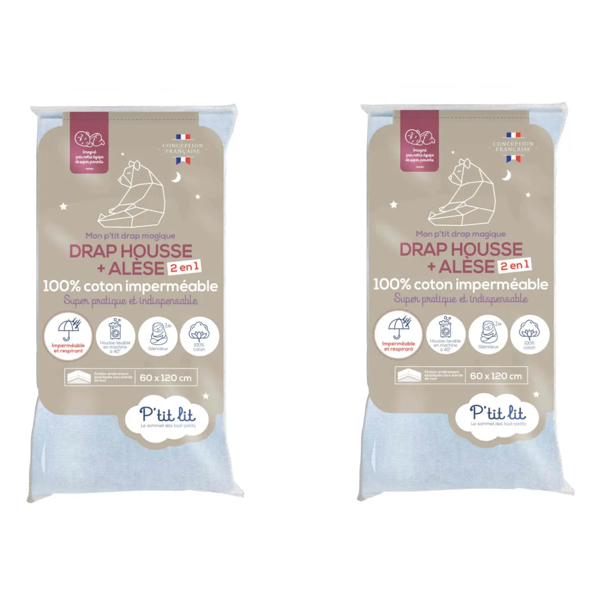 Lot de 2 draps housses bébé + alèses 2 en 1 coton imperméable gris