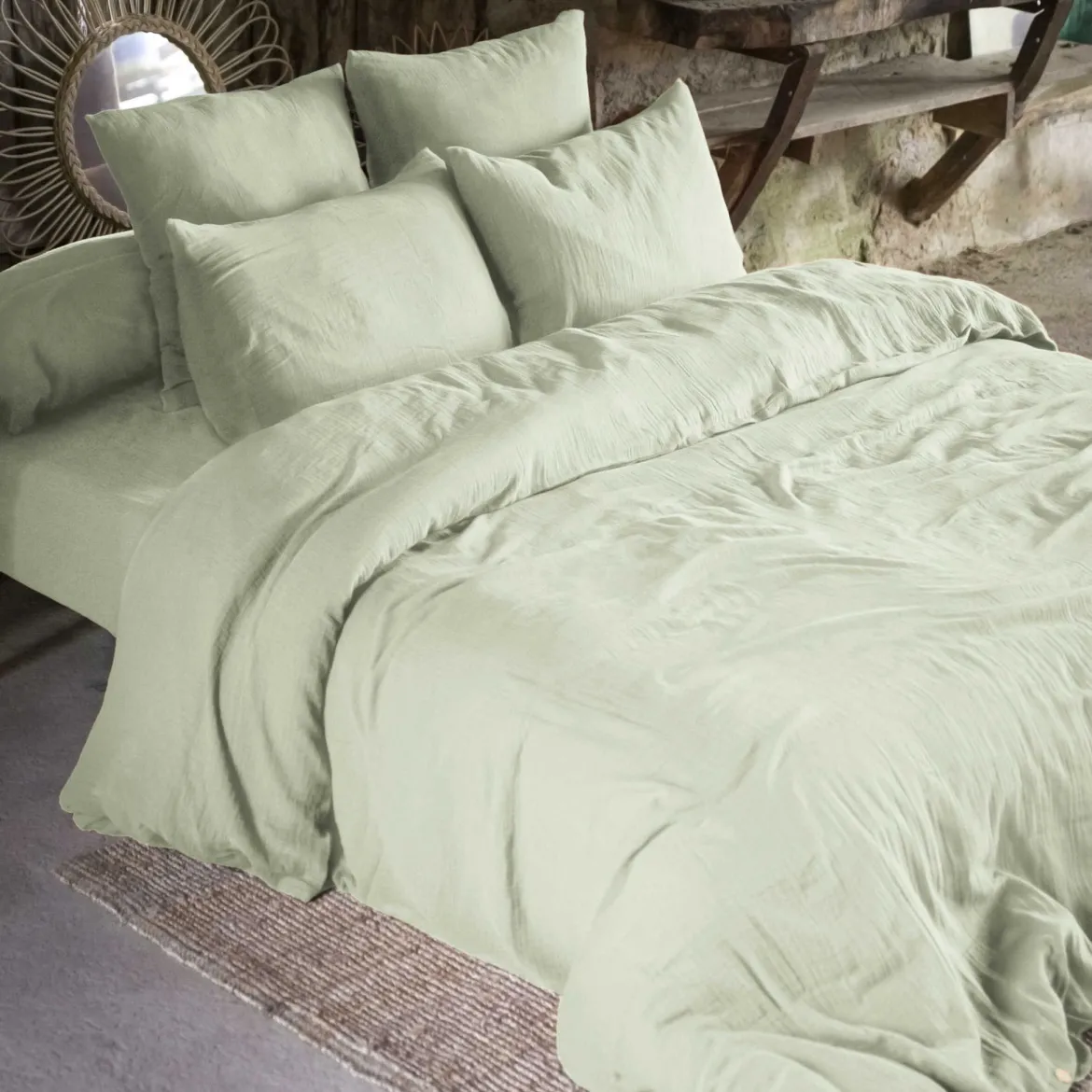 Lot de 2 taies d'oreillers double gaze de coton vert d'eau