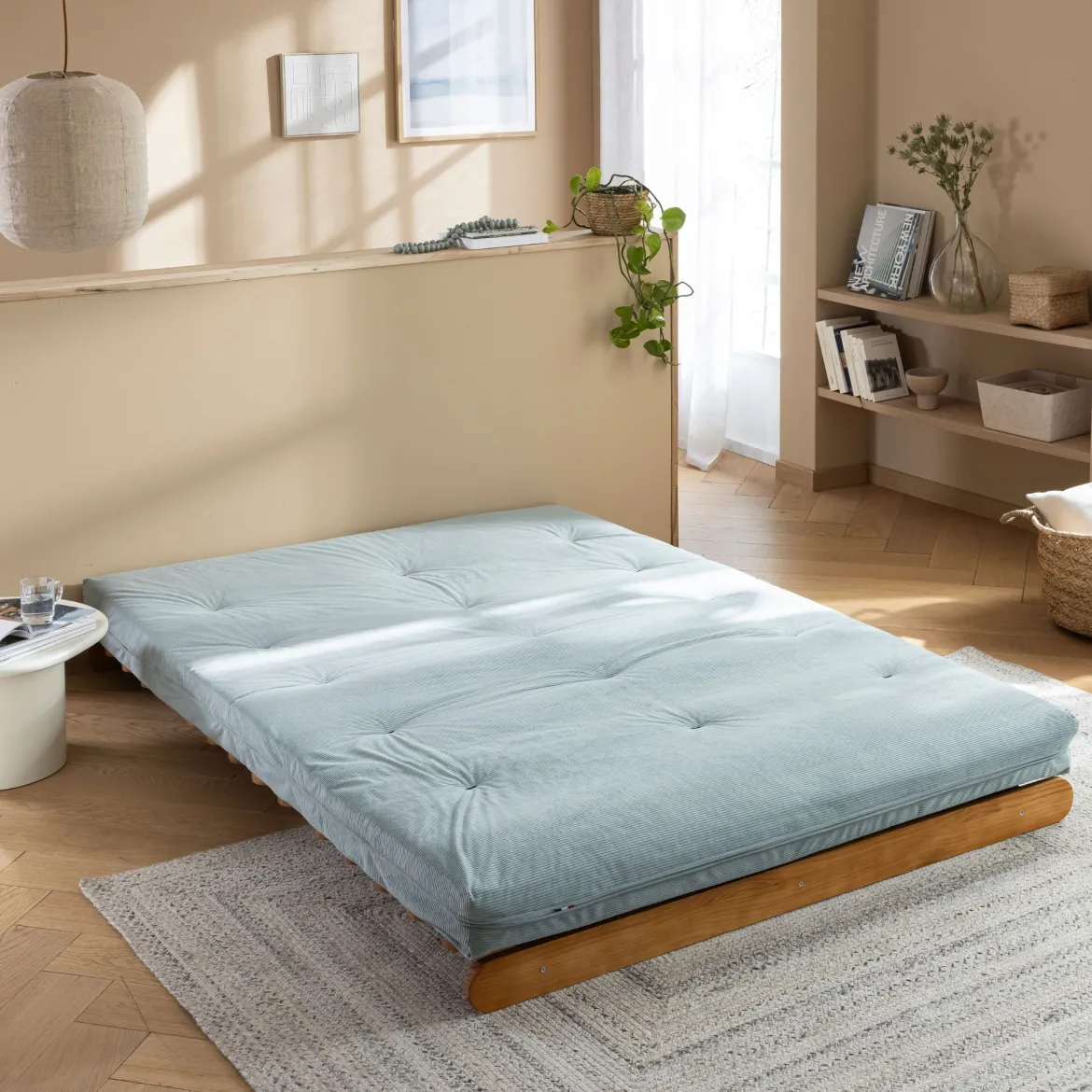 Matelas futon mémoire de forme ferme tissu velours côtelé - Terre de Nuit