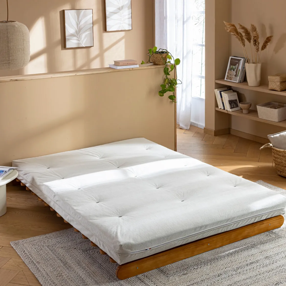 Matelas futon mémoire de forme ferme tissu velours côtelé - Terre de Nuit