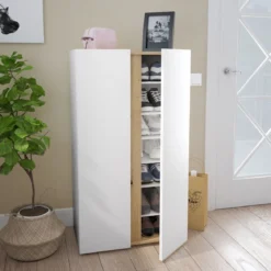 Meuble à chaussures avec 2 portes et 6 étagères réglables blanc