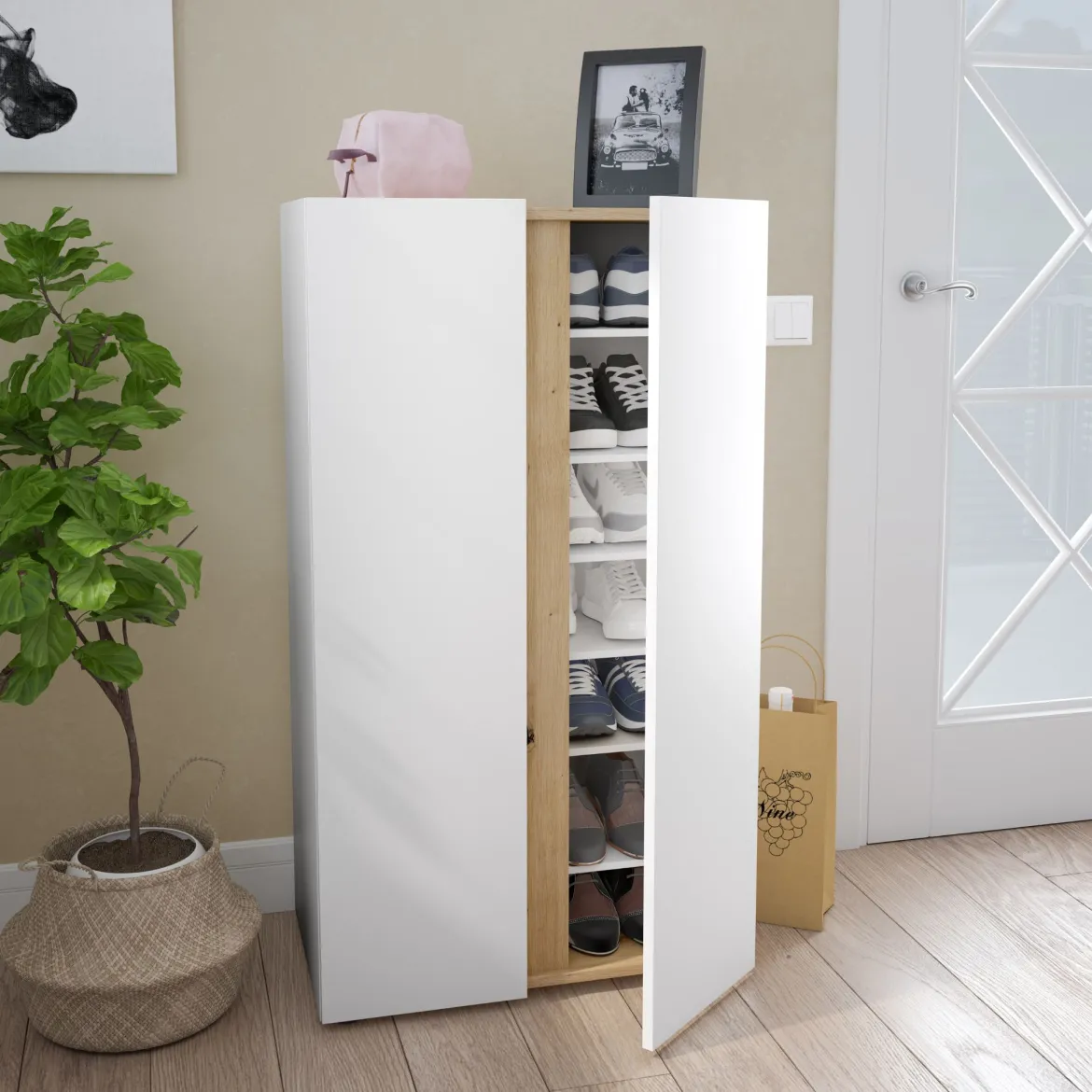 Meuble à chaussures avec 2 portes et 6 étagères réglables blanc