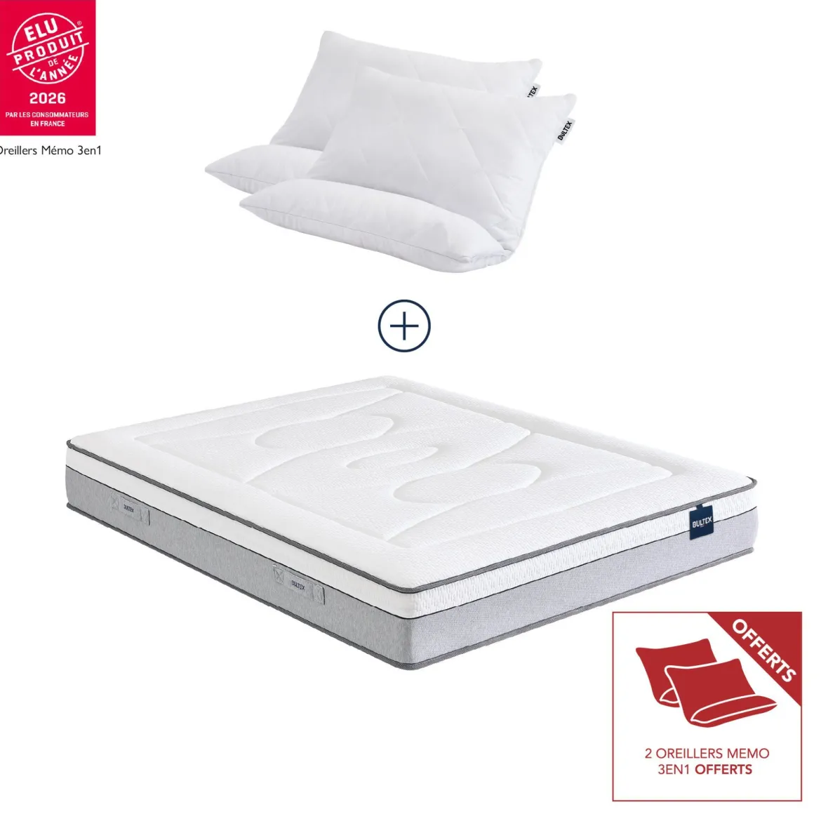 Pack matelas hybride Bultex Restore + 2 oreillers 60x60 cm Bultex Memo 3-en-1 offerts