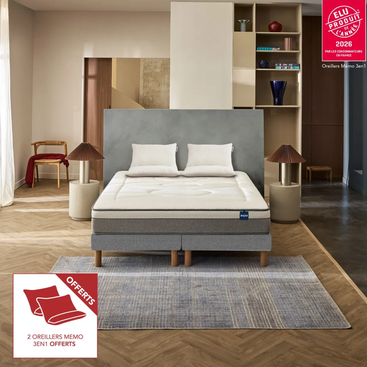 Pack matelas hybride Bultex Restore + 2 oreillers 60x60 cm Bultex Memo 3-en-1 offerts