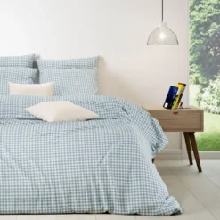 Parure de lit coton carreaux bleu Terre de Nuit Bibiane