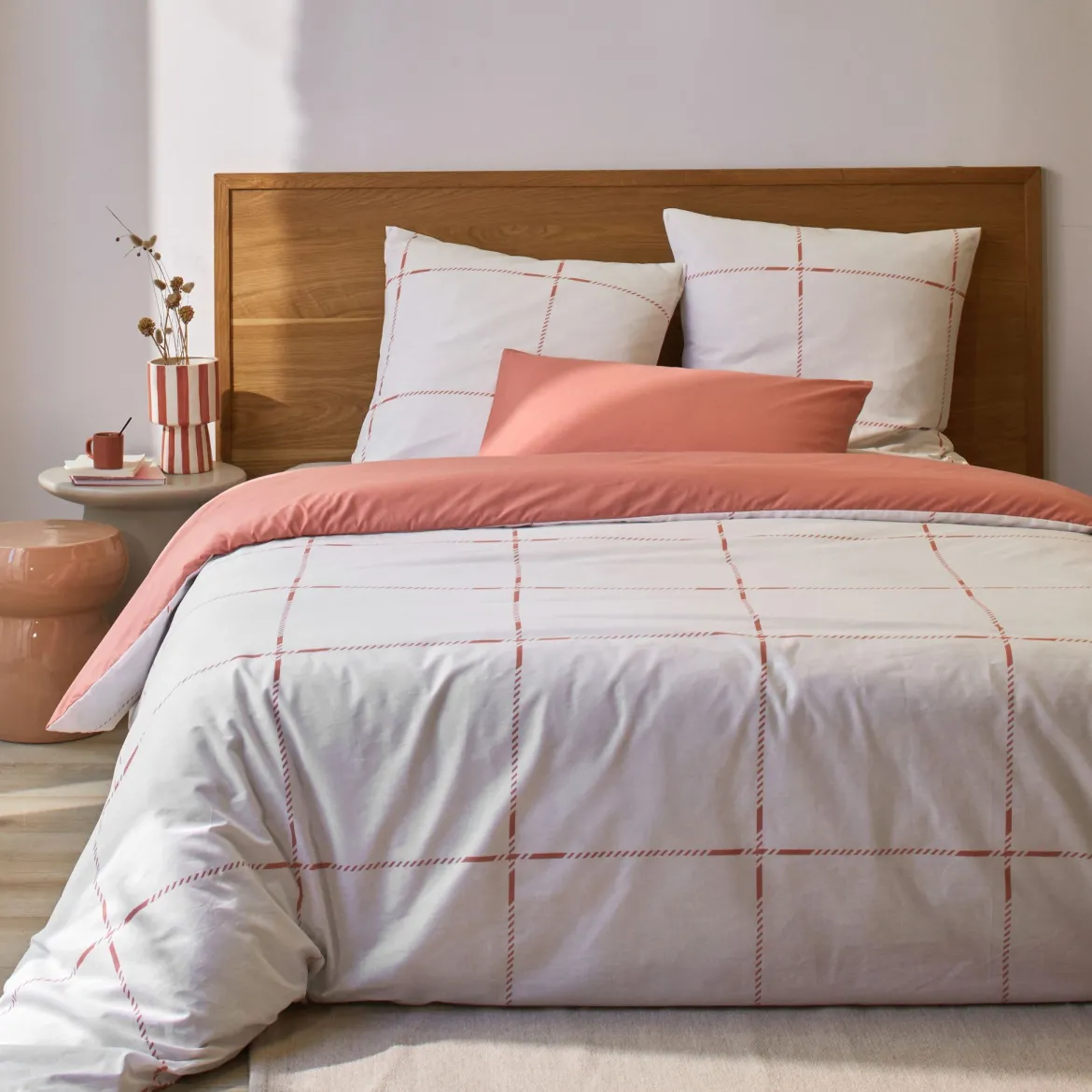 Parure de lit coton carreaux terracotta Terre de Nuit Axel