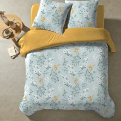 Parure de lit coton floral bleu Terre de Nuit Margot