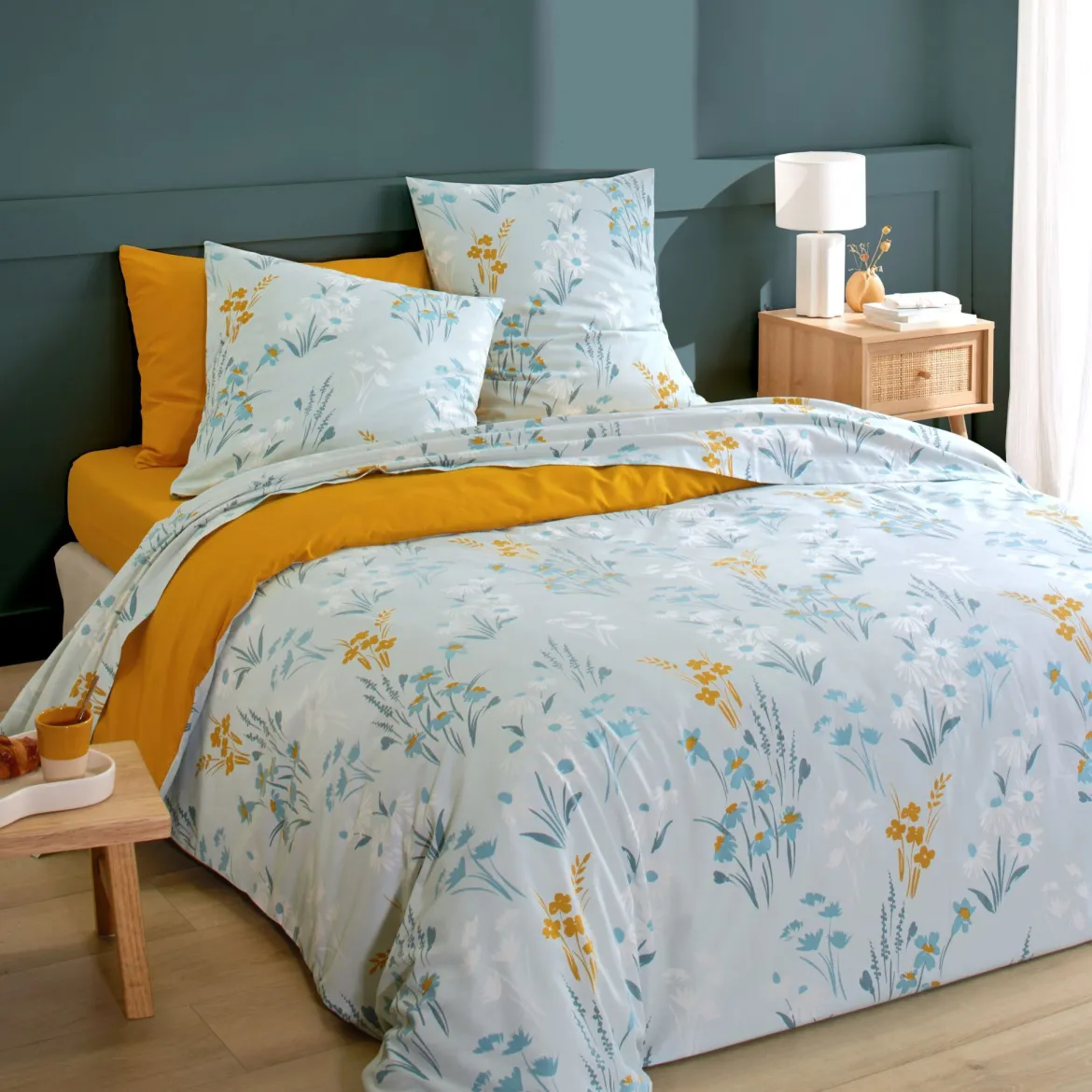 Parure de lit coton floral bleu Terre de Nuit Margot