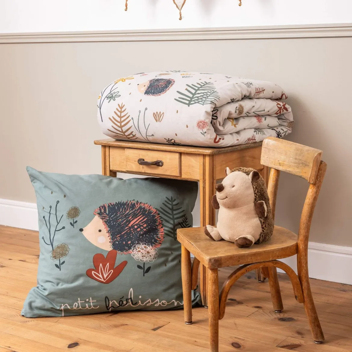 Parure de lit coton imprimé hérisson beige