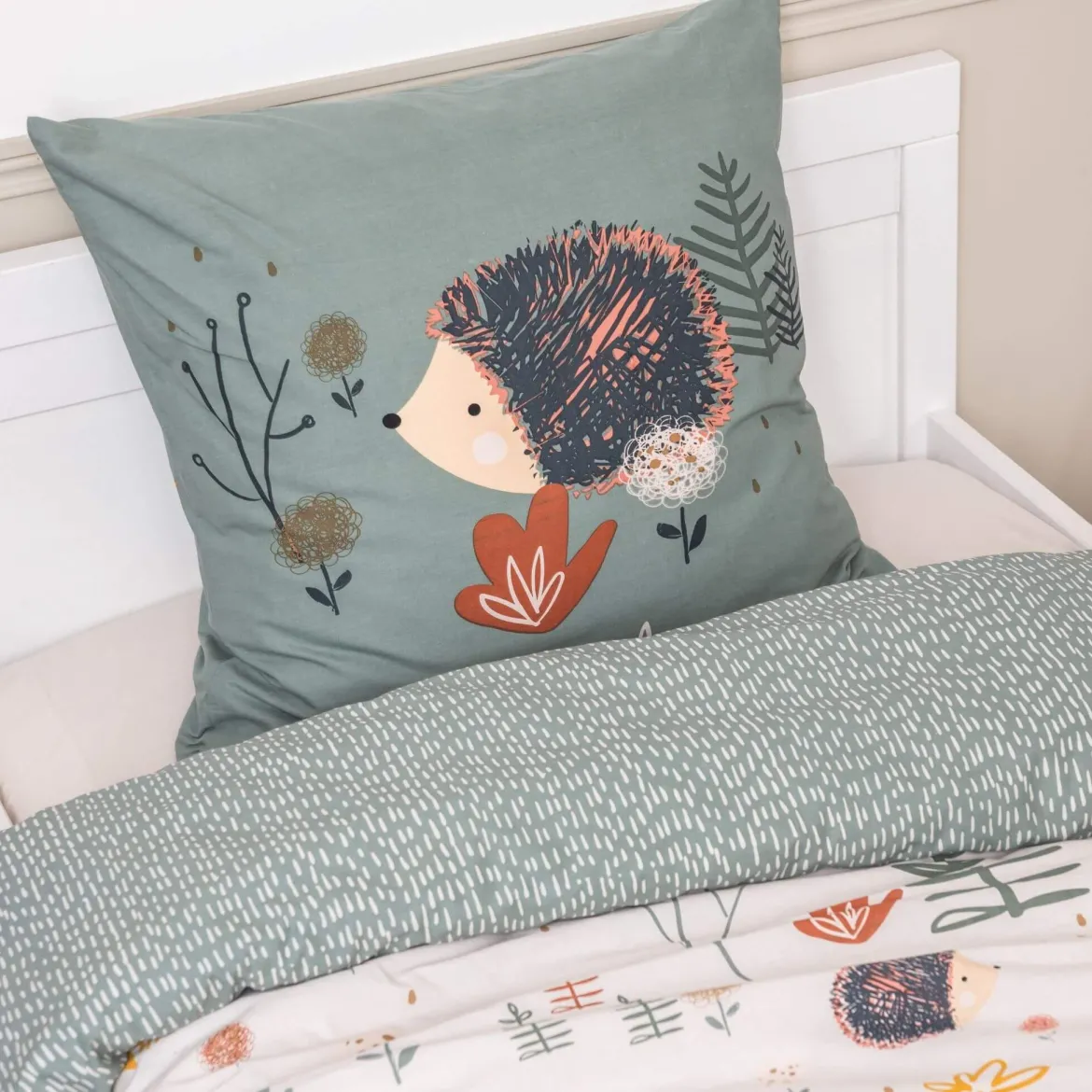 Parure de lit coton imprimé hérisson beige