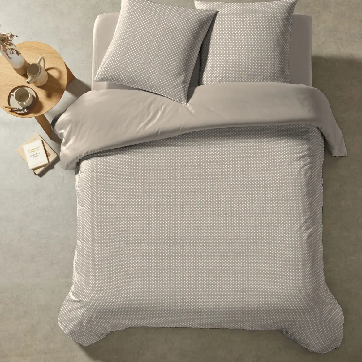 Parure de lit coton à pois taupe Terre de Nuit Auguste