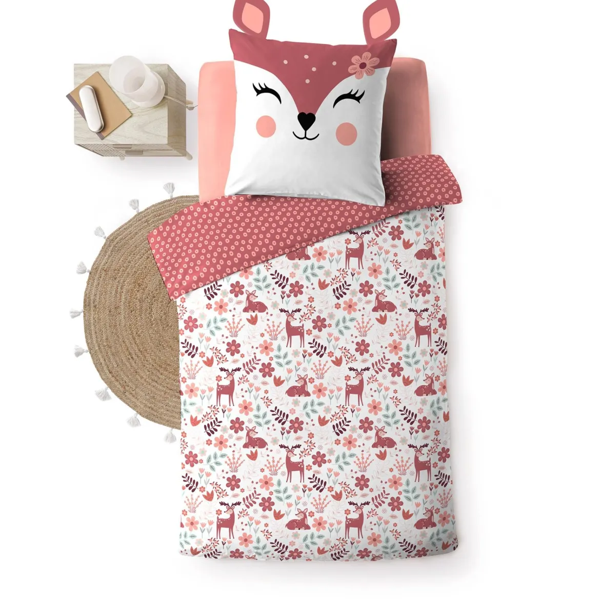Parure de lit enfant réversible 140x200 coton Douceur d'Intérieur Biche