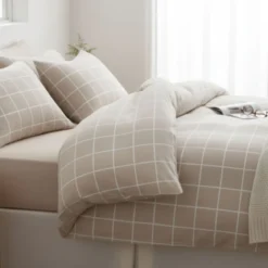 Parure de lit flanelle à carreaux beige Terre de Nuit