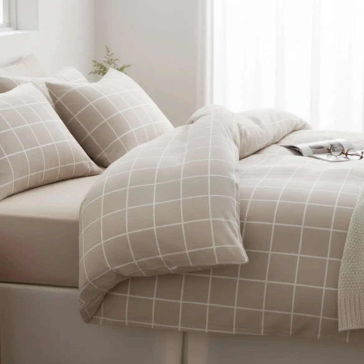 Parure de lit flanelle à carreaux beige Terre de Nuit
