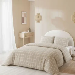 Parure de lit flanelle à carreaux beige Terre de Nuit