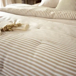 Parure de lit gaze de coton à rayures beige Terre de Nuit Ninon
