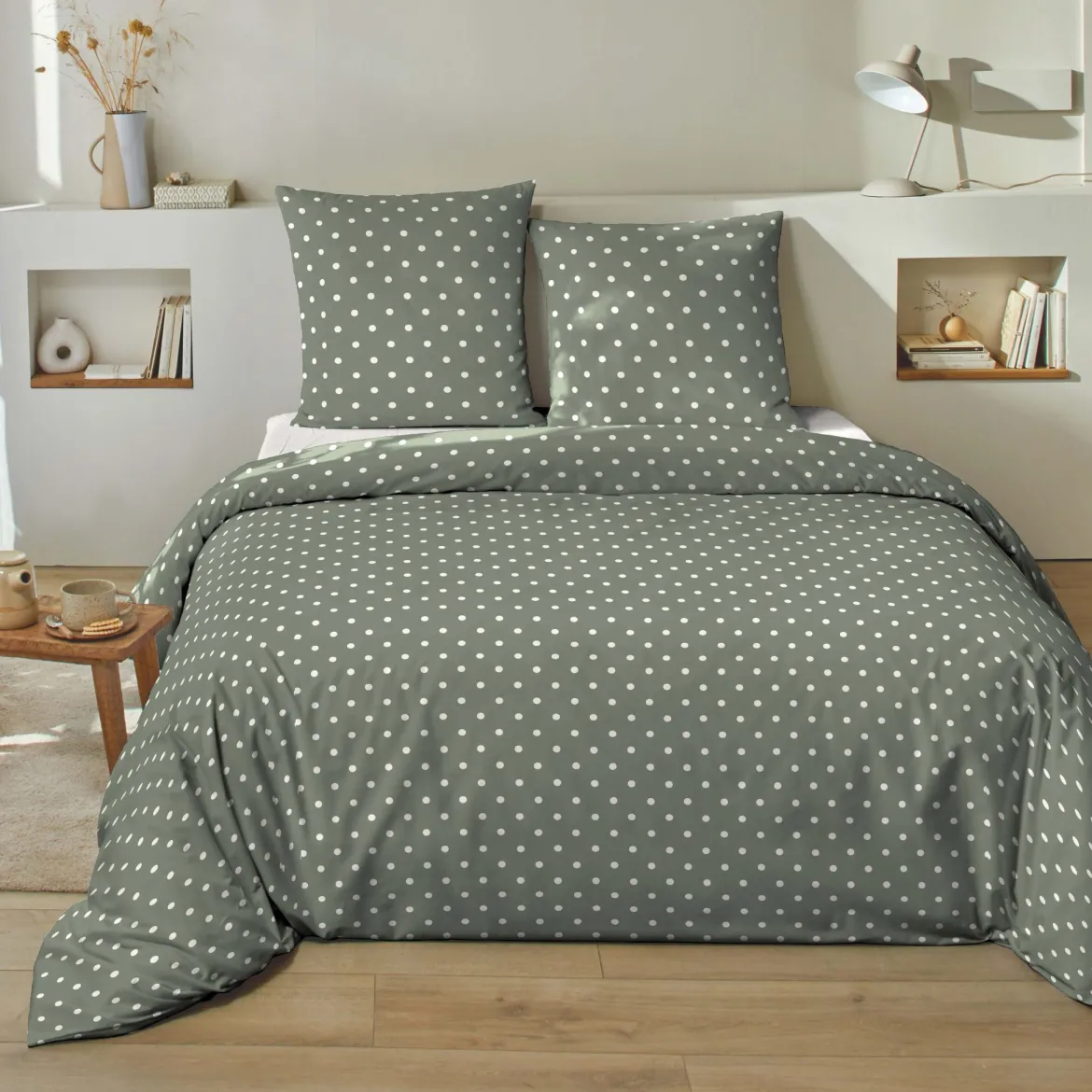 Parure de lit 240x220 coton pois vert Terre de Nuit Perle