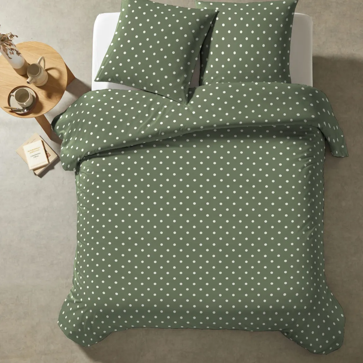 Parure de lit 240x220 coton pois vert Terre de Nuit Perle