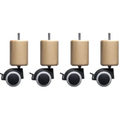 4 pieds cylindriques bois naturel à roulette pivotante et frein 15 cm