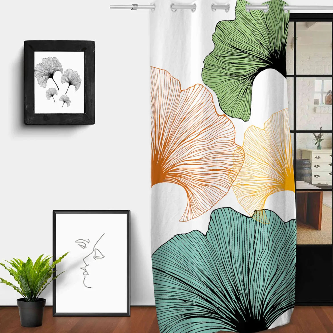 Rideau à œillets Ginkgo imprimé placé 132x250 cm